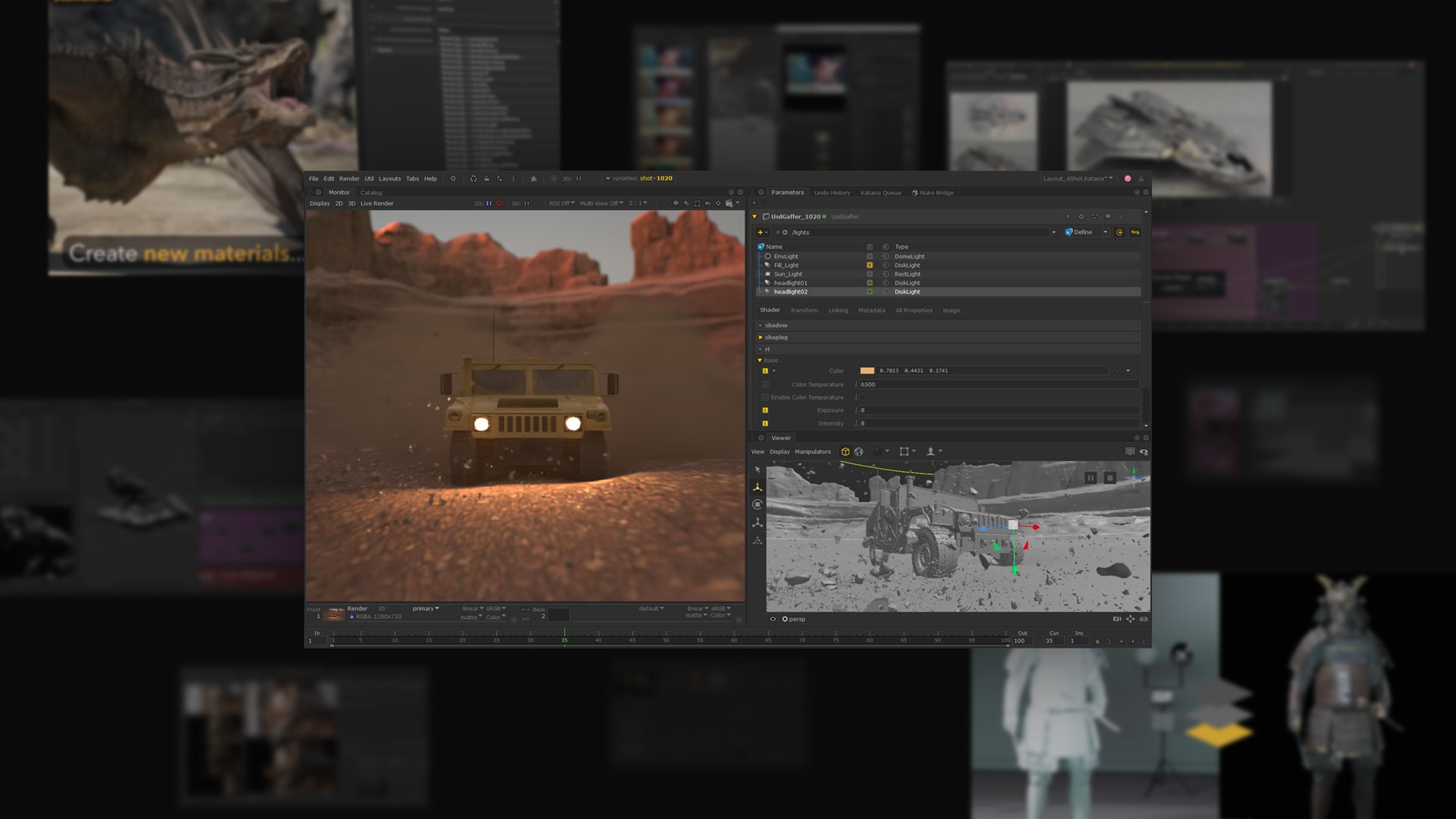 Katana with a USD lighting setup on a desert vehicle shot, surrounded by blurred frames from other release videos